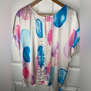 Worthington White Satin Blouse XXL | Bubble Print | Pink Purple Blue Circles